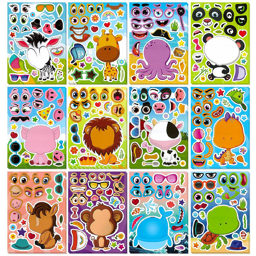 Wrapables Make a Face Stickers, DIY Make Your Own Stickers (24 Sheets), Fun Animals Image