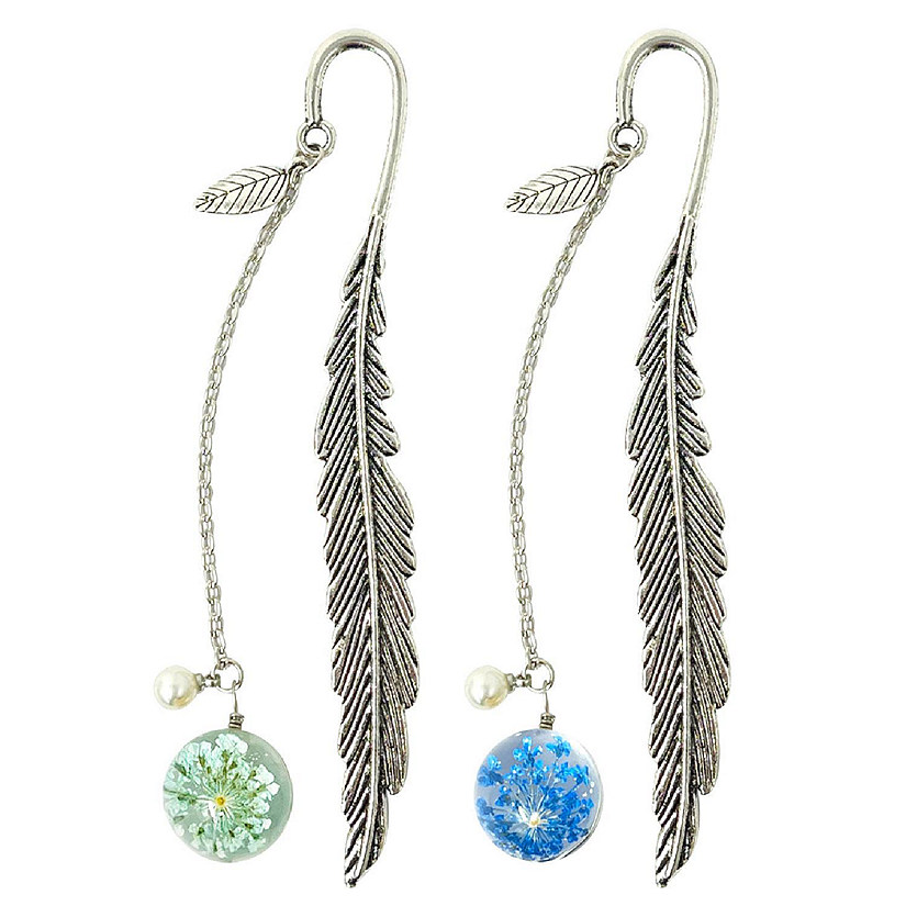 Wrapables Mint & Blue Metal Leaf Bookmark with Charm (Set of 2) Image