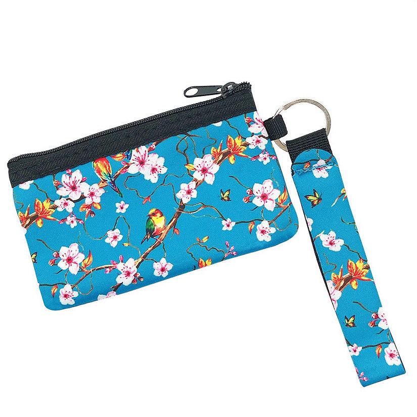 Wrapables Neoprene Mini Wristlet Wallet / Credit Card ID Holder with Lanyard, Bird & Cherry Blossom Image