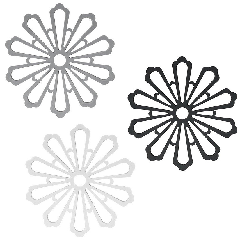 Wrapables Non-Slip Insulated Silicone Carved Trivets Flexible and Durable Floral Coasters, Multi-Use Pot Holders (Set of 3), Black, White, Gray Image