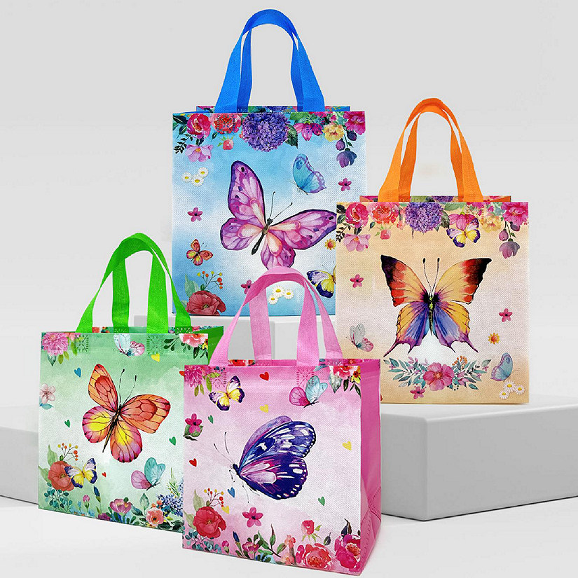 Wrapables Non-Woven Reusable Gift Bags with Handles for Parties, Birthdays, Favors and Treats (8 pcs), Butterflies Image