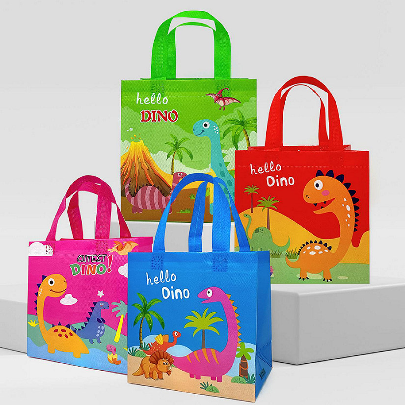 Wrapables Non-Woven Reusable Gift Bags with Handles for Parties, Birthdays, Favors and Treats (8 pcs), Dinosaurs Image