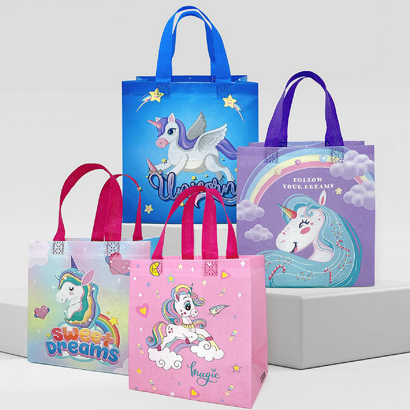 Wrapables Non-Woven Reusable Gift Bags with Handles for Parties, Birthdays, Favors and Treats (8 pcs), Unicorns Image