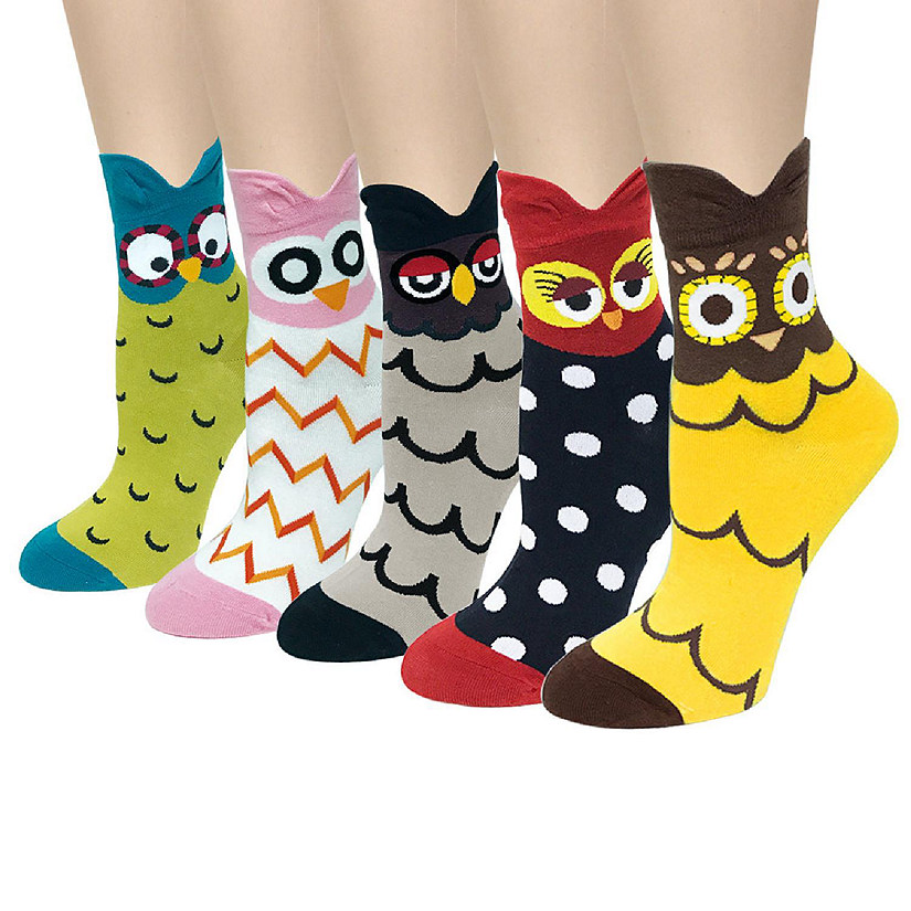 Wrapables Novelty Animal Print Crew Socks (Set of 5), Colorful Owl Image