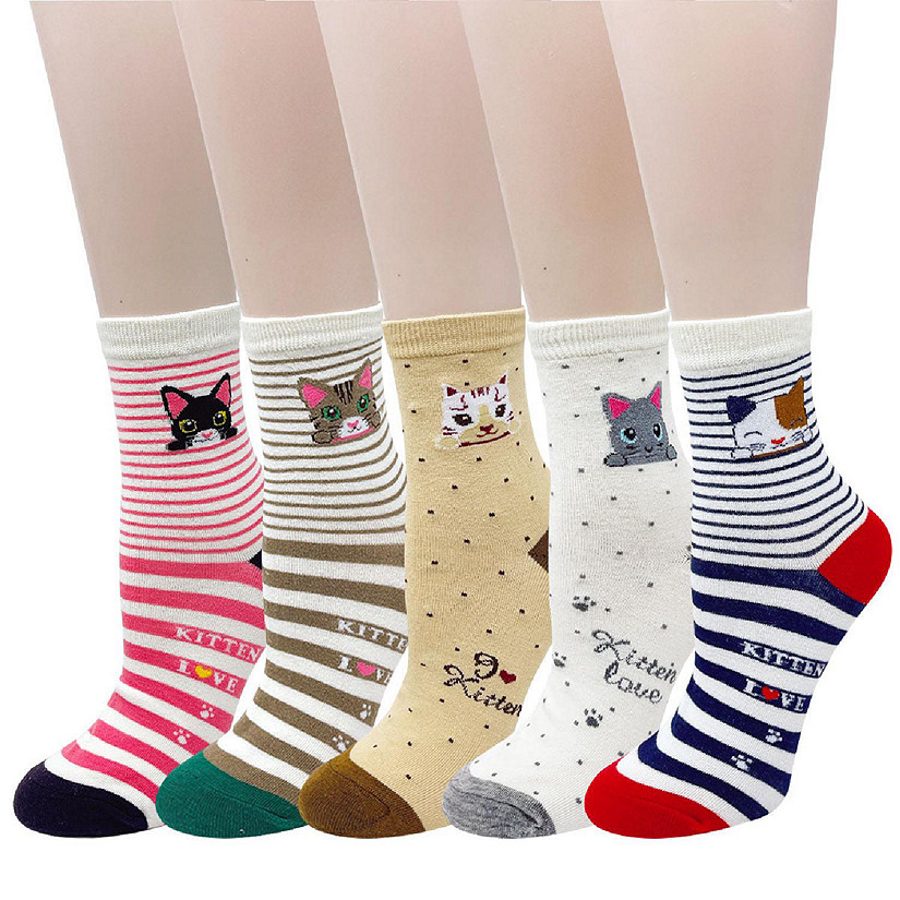 Wrapables Novelty Animal Print Crew Socks (Set of 5), Cute Kitties Image