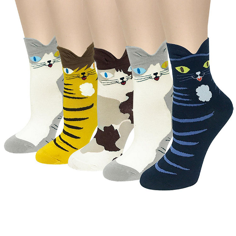 Wrapables Novelty Animal Print Crew Socks (Set of 5), Oh My Kitty Image
