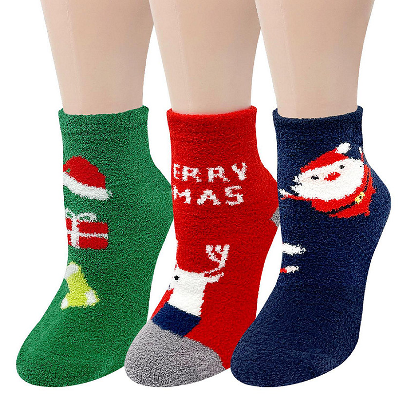 Wrapables Novelty Winter Warm Christmas Fuzzy Slipper Socks for Women (Set of 3), Merry Xmas Image