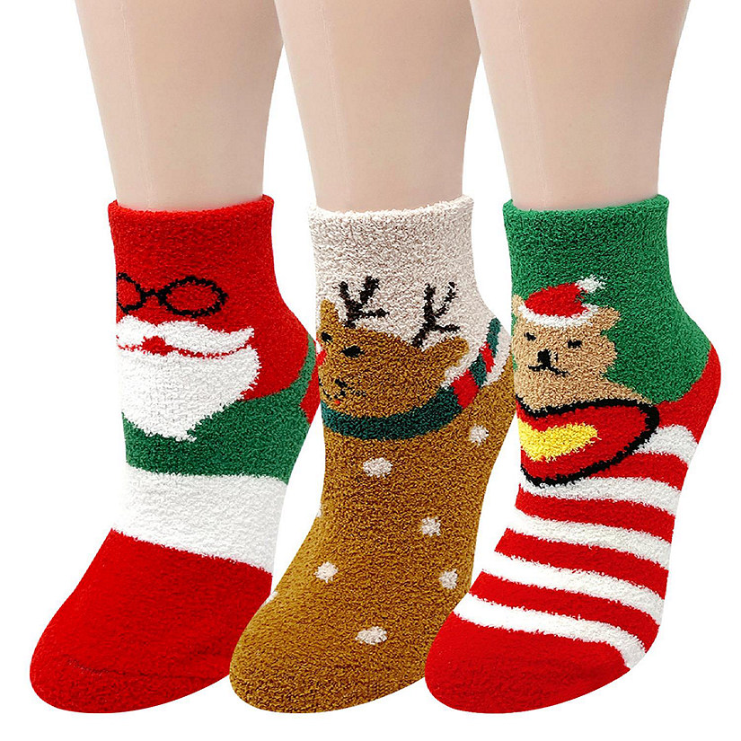 Wrapables Novelty Winter Warm Christmas Fuzzy Slipper Socks for Women (Set of 3), Reindeer Image