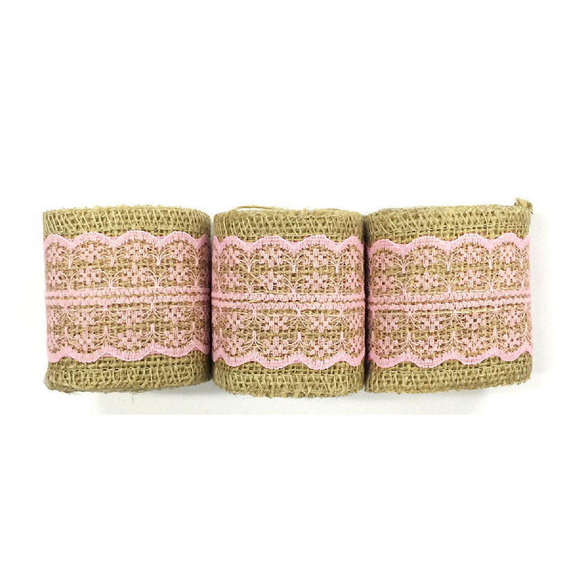 Wrapables Pink 6 Yards Total Vintage Natural Burlap Lace Ribbon (3 Rolls) Image