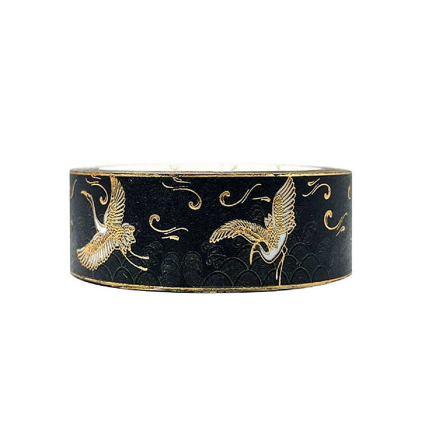 Wrapables Poetic Picturesque 15mm x 5M Gold Foil Washi Masking Tape, Cranes in Black Image
