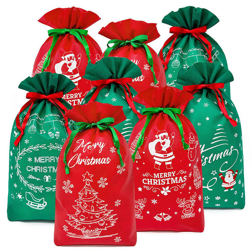 Wrapables Red & Green Christmas Holiday Drawstring Gift Bags (Set of 8) Image