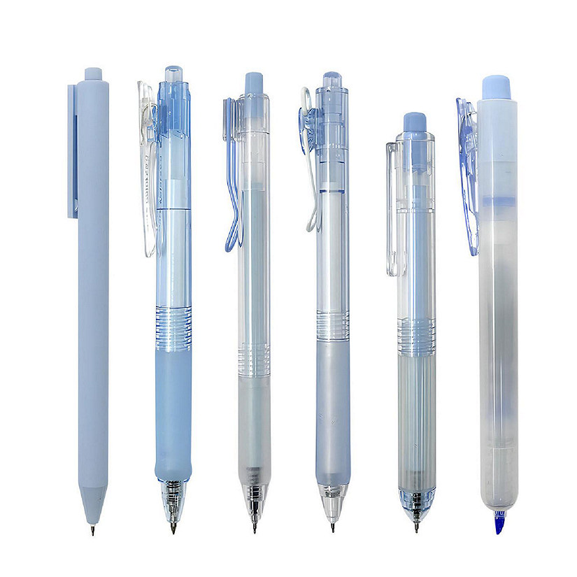 Wrapables Retractable Rollerball Pens and Highlighter Set, 0.5mm Black Gel Ink Pens (Set of 6), Blue Image