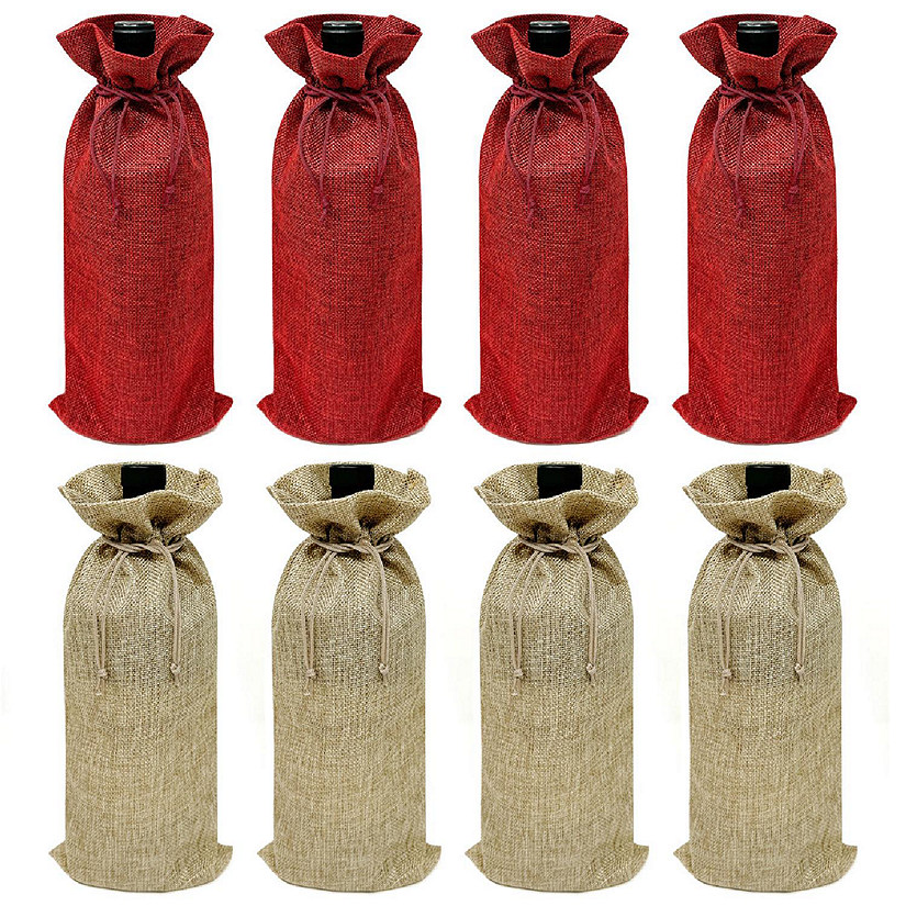 Wrapables Reusable Burlap Wine Bags, Rustic Gift Bags with Drawstring (Set of 8), Burgundy & Natural Image