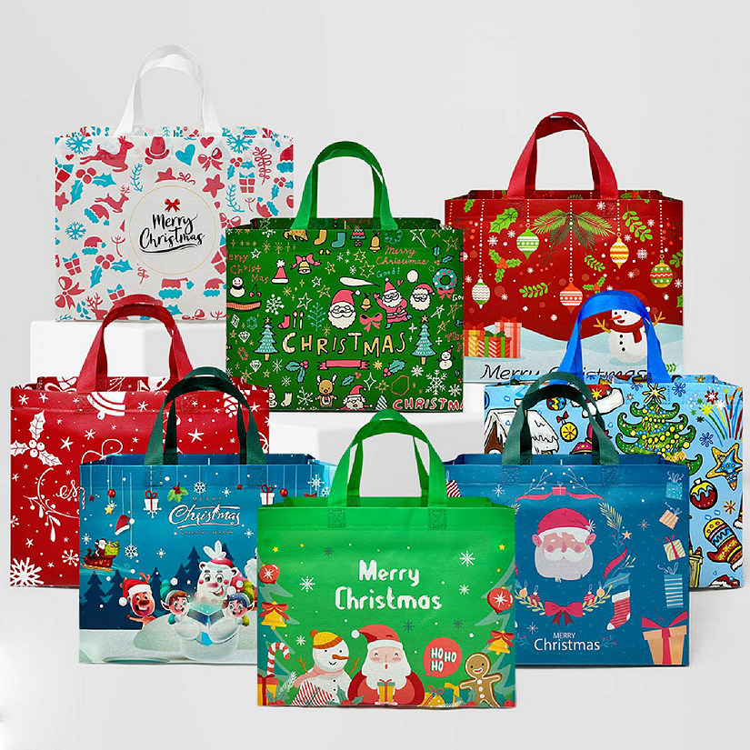 Wrapables Reusable Holiday Christmas Gift Bags with Handles for Gift Wrap, Parties, Favors and Treats (8 pcs) Image
