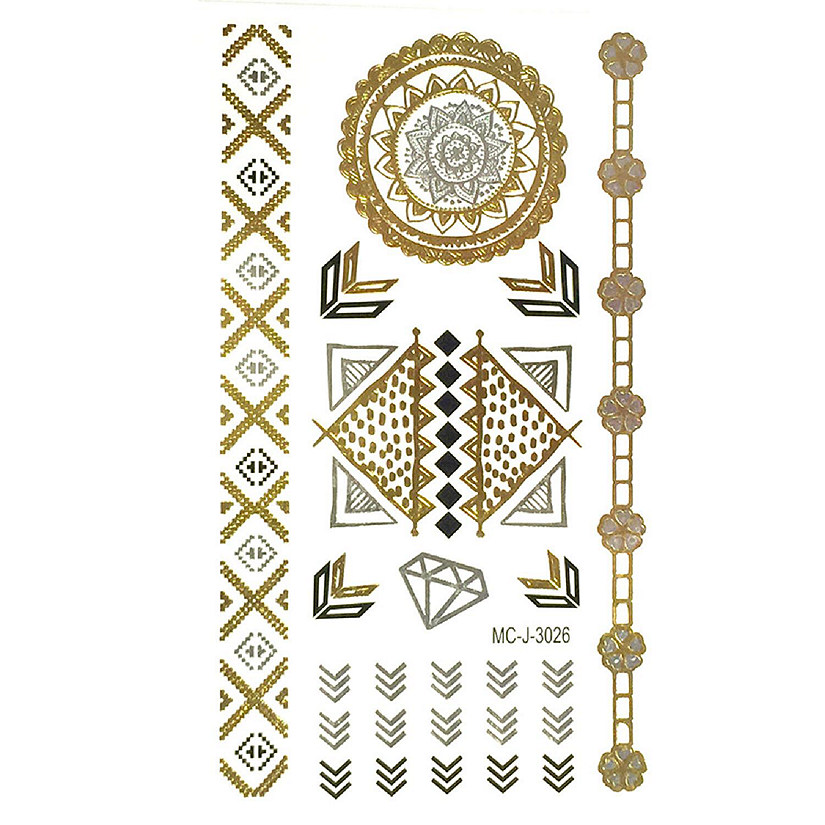 Wrapables Small Metallic Gold Silver and Black Body Art Temporary Tattoos, Arrows, Bracelets, Pyramids Image