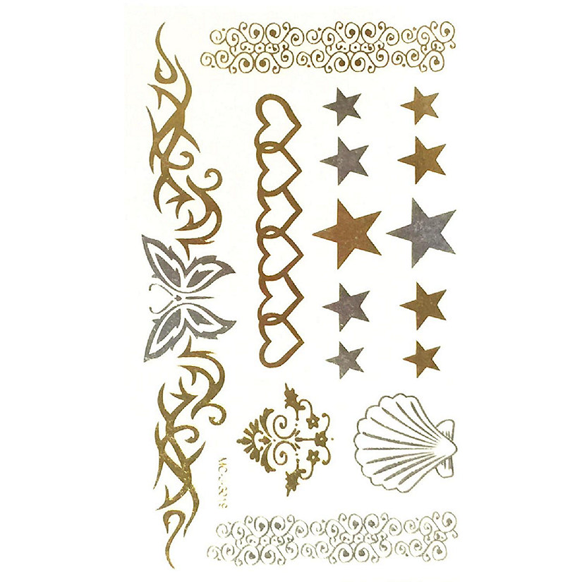 Wrapables Small Metallic Gold Silver and Black Body Art Temporary Tattoos, Hearts, Stars, and Butterflies Image