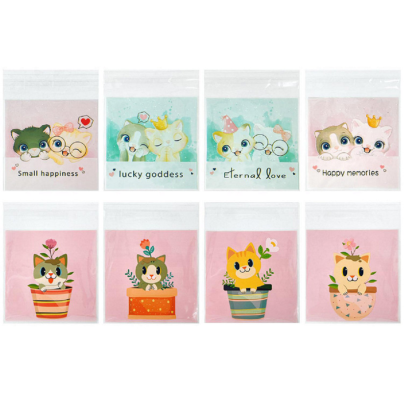 Wrapables Transparent Self-Adhesive 4" x 4" Candy and Cookie Bags, Favor Treat Bags for Parties and Wedding (200pcs), Cats Image
