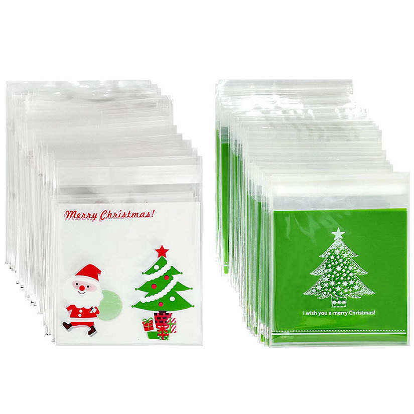 Wrapables Transparent Self-Adhesive 4" x 4" Candy and Cookie Bags, Favor Treat Bags for Parties, Wedding and Christmas (200pcs), Christmas Trees Image