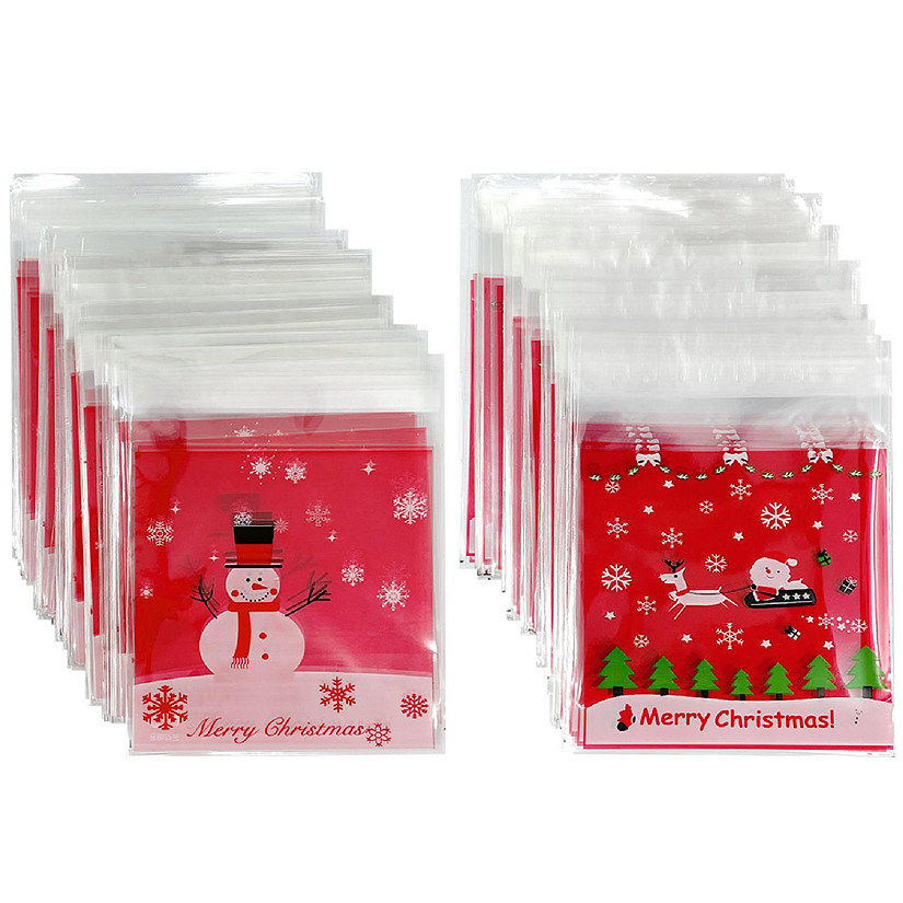 Wrapables Transparent Self-Adhesive 4" x 4" Candy and Cookie Bags, Favor Treat Bags for Parties, Wedding and Christmas (200pcs), Snowman & Sleigh Ride Image