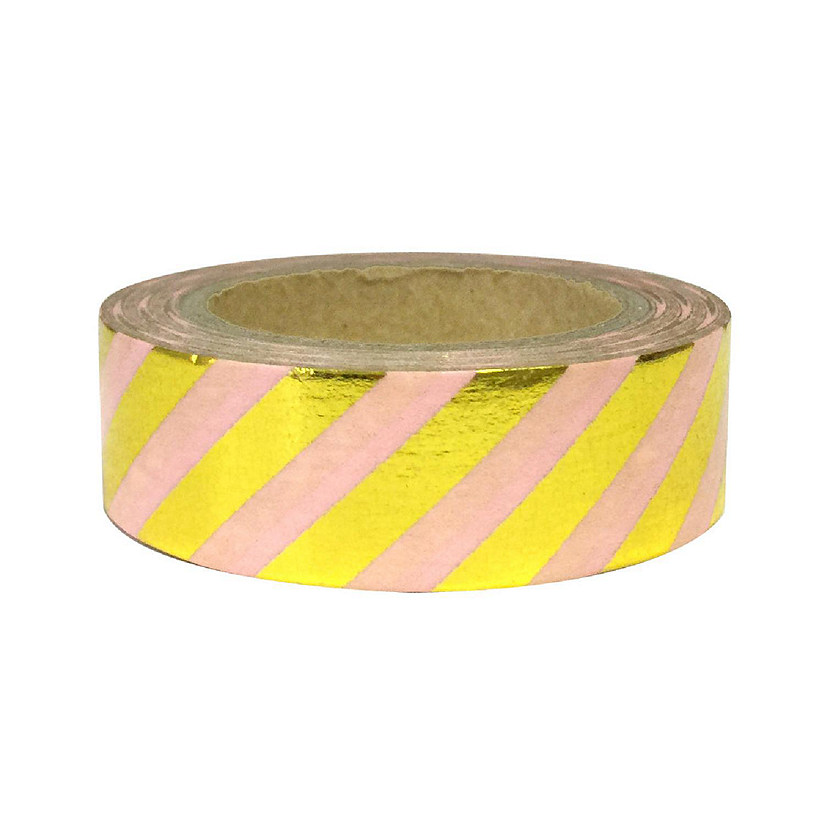 Wrapables Colorful Washi Masking Tape, Metallic Gold Diagonal Stripes on Pink