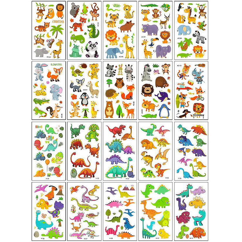Wrapables Waterproof Temporary Tattoos for Children, 20 sheets, Dinosaurs & Animals Image