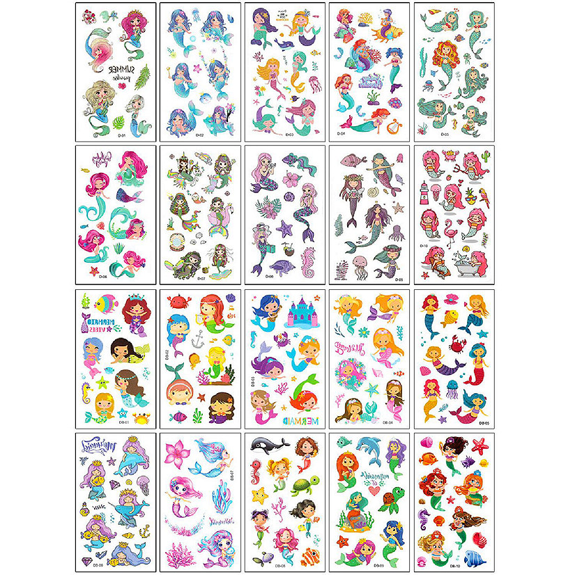 Wrapables Waterproof Temporary Tattoos for Children, 20 sheets, Mermaids Image