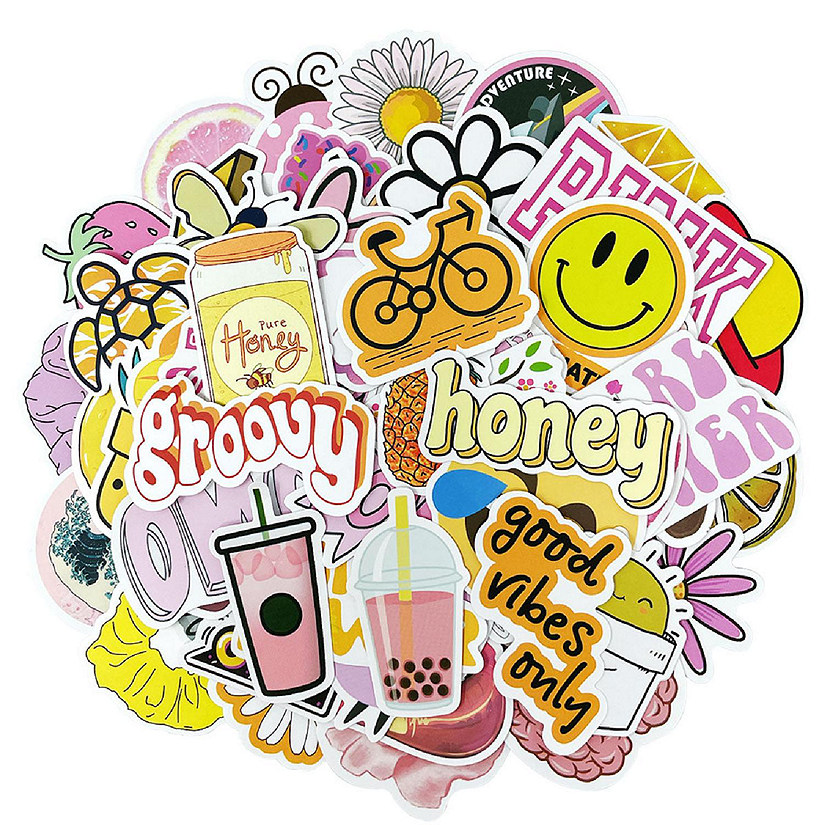Wrapables Waterproof Vinyl Groovy Pink & Yellow Stickers for Water Bottles, Laptops 100pcs Image