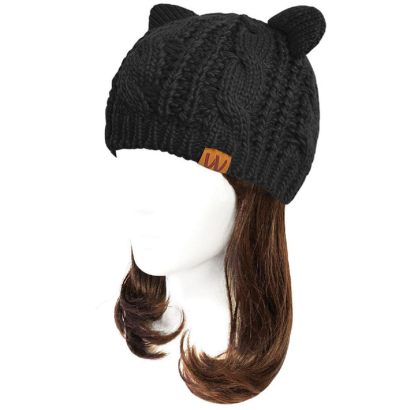 Wrapables Winter Warm Cable Knit Cat Ears Beanie, Black Image