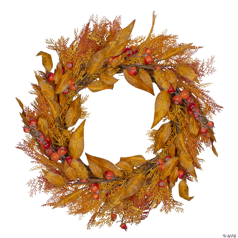 Yellow and Orange Berry and Leaves Fall Harvest Artificial Wreath - 24-Inch  Unlit Image