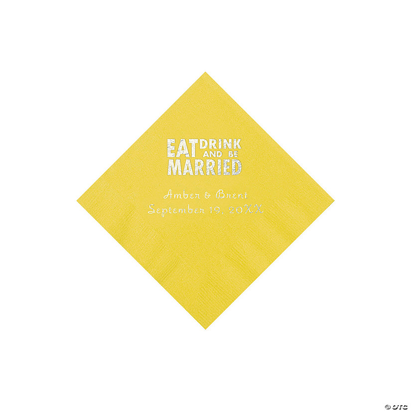 Yellow Eat, Drink And Be Married Napkins with Silver Foil - 50 Pc. Beverage Image