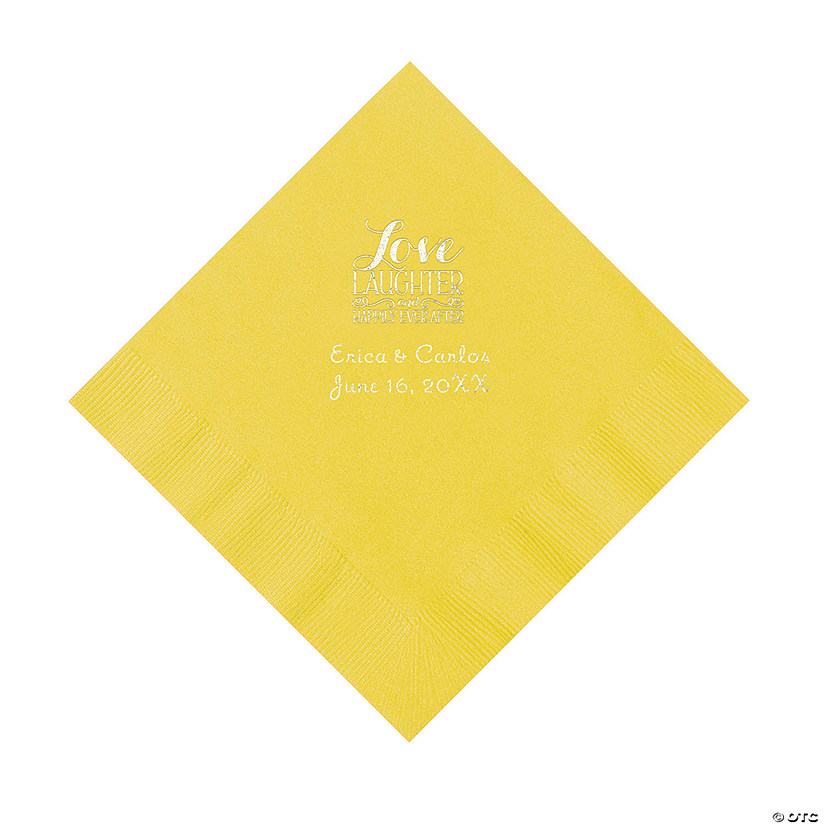 Yellow Love Laughter & Happily Ever After Personalized Napkins with Silver Foil &#8211; Luncheon Image