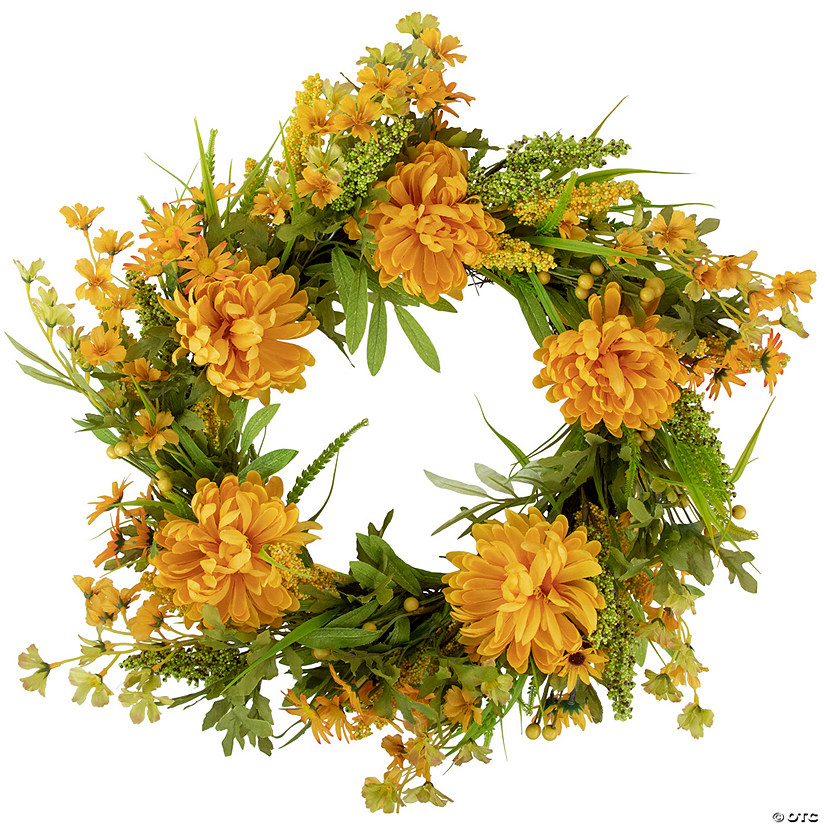 Yellow Peony Artificial Fall Harvest Twig Wreath  24-Inch  Unlit Image