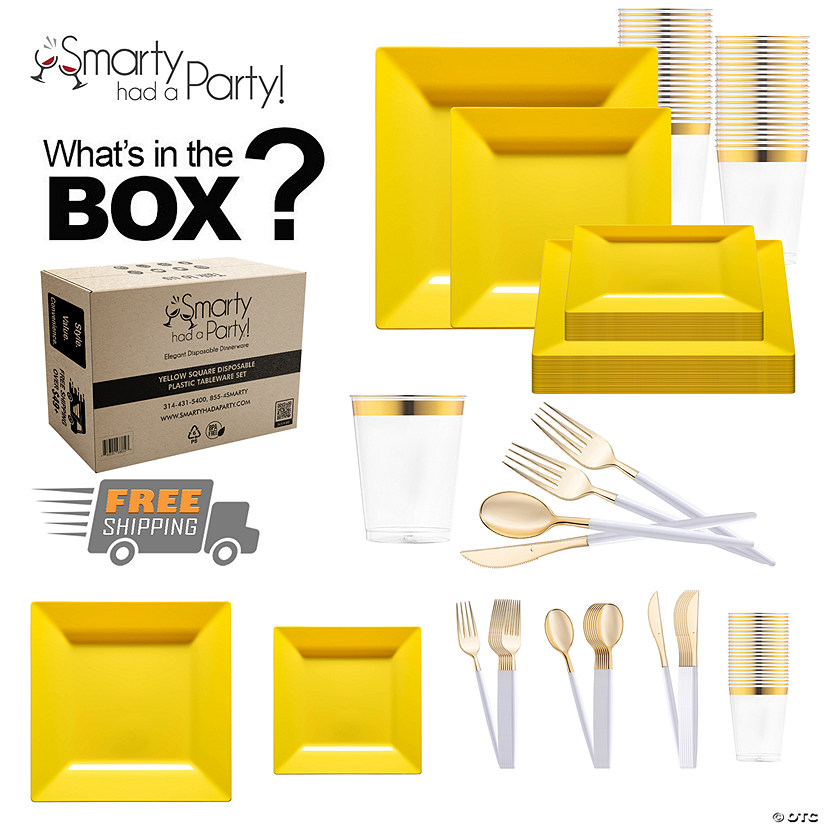 Yellow Square Disposable Plastic Tableware Set - 60 Settings Image