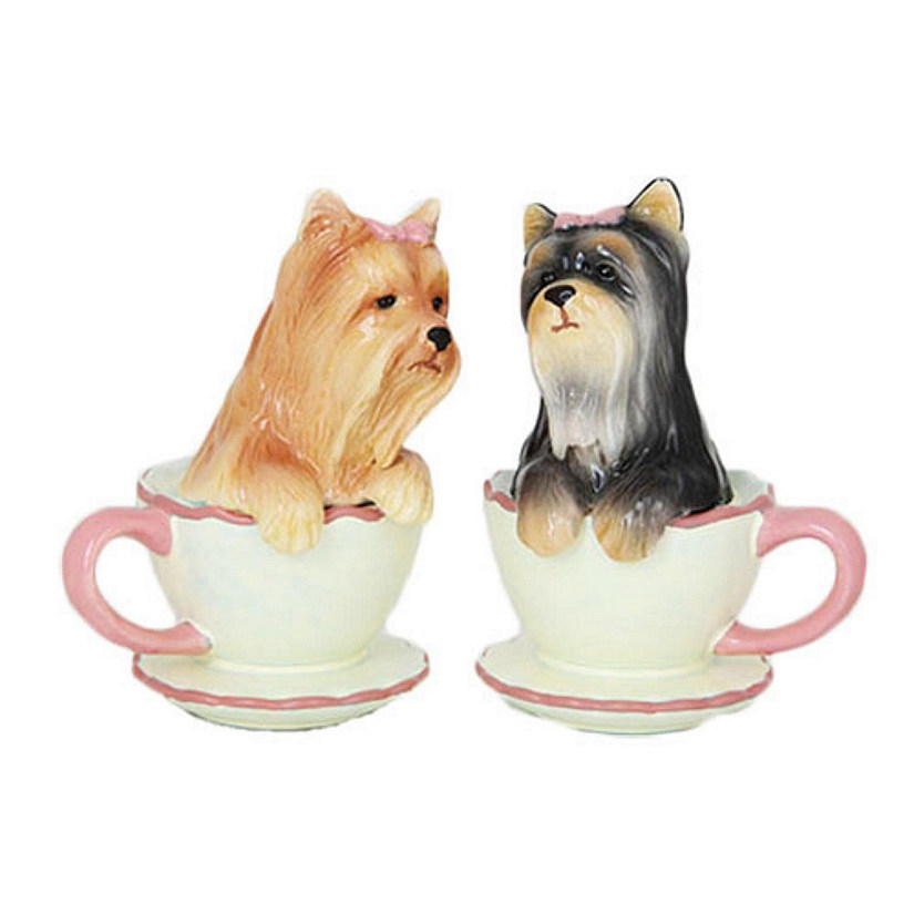 Yorkie Puppies in Tea Cup Ceramic Salt and Pepper Shaker Set Image