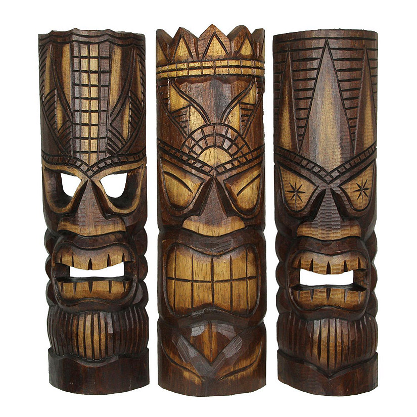 Zeckos 20 Inch Carved Wood Tiki God Masks Tropical Beach Hawaiian Home Decor Set of 3 Image