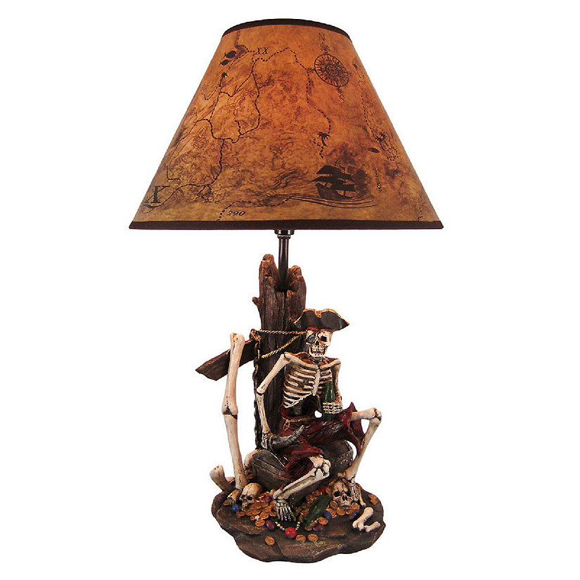 Zeckos 21 Inches Pirate Skeleton Caribbean Table Lamp With Treasure Map Shade Nautical Desk Light Beach Home Decor Image