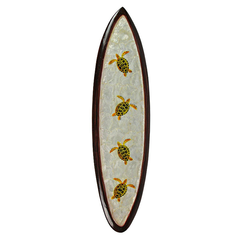 Zeckos 31 In Wood And Capiz Four Turtles Hand Carved Decorative Surfboard Wall Decor Image