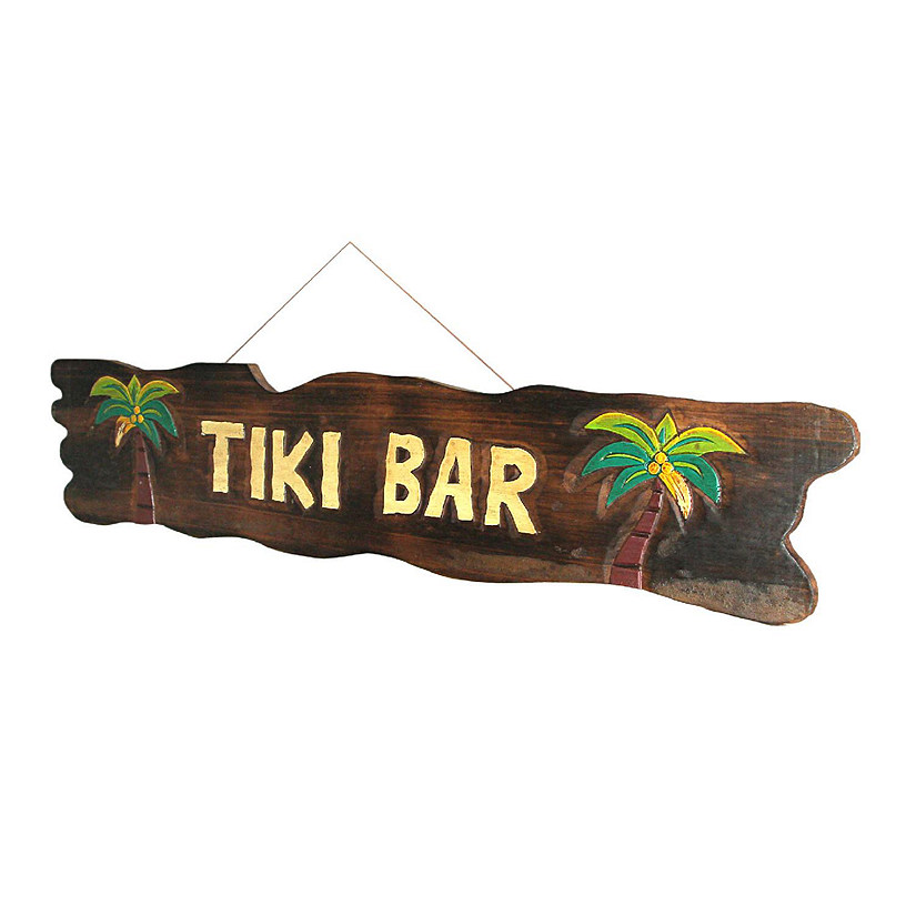 Zeckos 39 In. Hand Carved `Tiki Bar` Sign with Palm Trees Polynesian Wall Decor Image