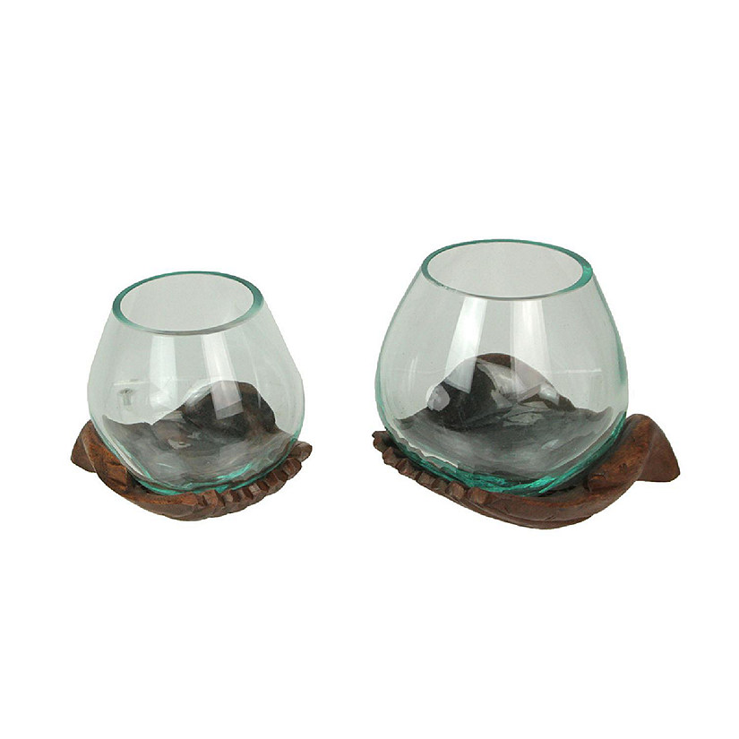 Zeckos Blown Molten Glass and Carved Wood Hands Decorative Bowls, Terrariums - Set of 2 Image
