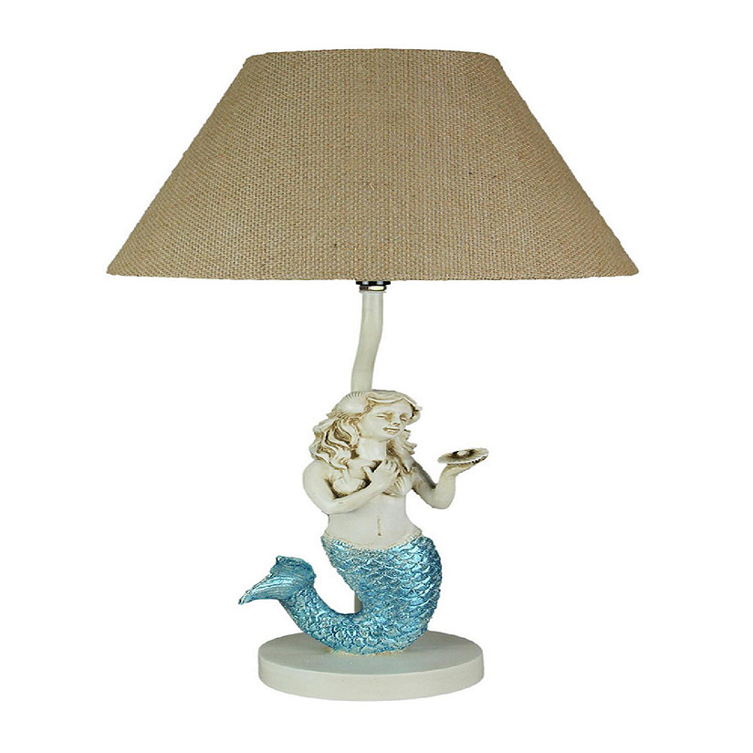 Zeckos Blue Glitter Tail Mermaid Nautical Table Lamp Burlap Coastal Decor accent light Image