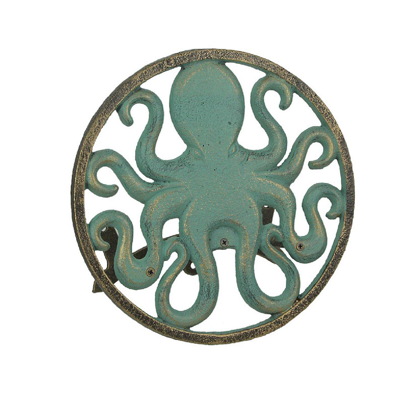 Zeckos Cast Iron 12 inch Octopus Decorative Wall Mounted Hanging Garden Hose Hanger Holder Verdigris Green Finish 125 ft Hose