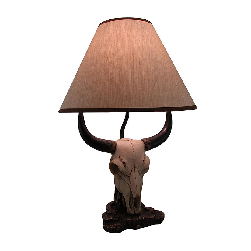 Zeckos Cattle Ranch Decorative Bull Skull Table Lamp with Beige Fabric Shade Western D&#233;cor Image