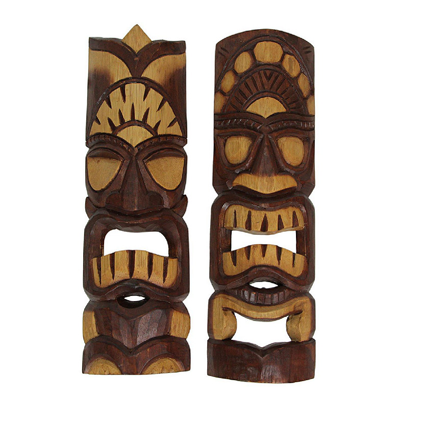 Zeckos Hand Carved Natural Stained Wood Polynesian Style Tiki Wall Hanging Masks 20 inch Set of 2 Tropical D&#233;cor Image