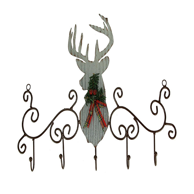 Zeckos Metal Art Scroll Rustic Deer with Pine and Bow Wall Hook Rack Image