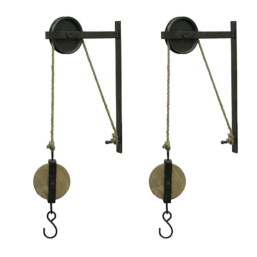 Zeckos Pair of Rustic Vintage Style Metal and Wood Pulleys and Hooks Wall Hanging Image