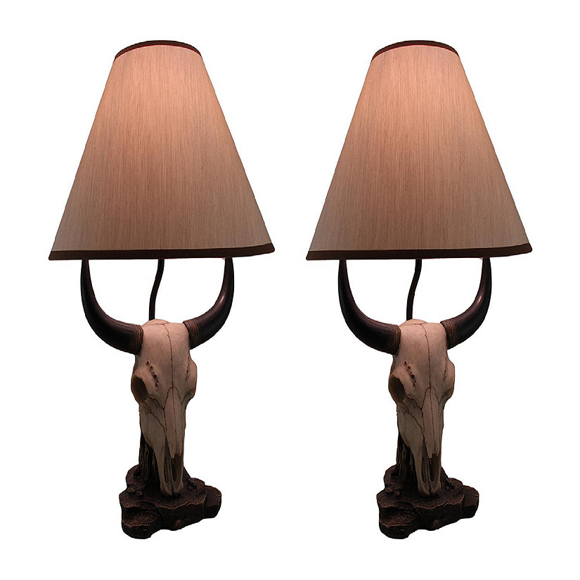 Zeckos Set of 2 Cattle Ranch Bovine Cow Skull Decorative Table Lamps with Fabric Shades Image