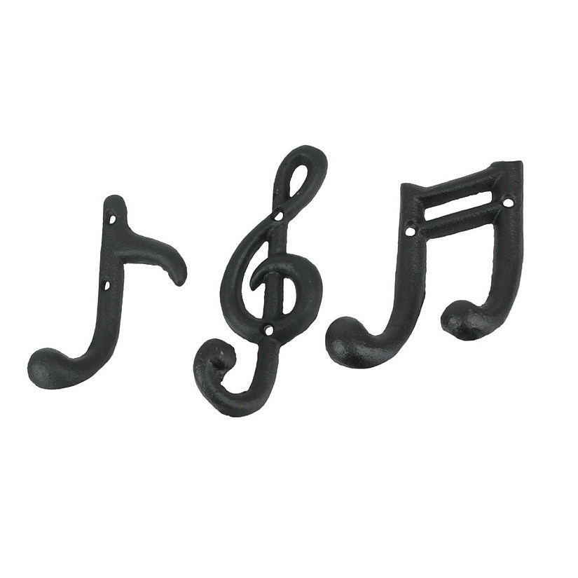 Zeckos Set of 3 Black Cast Iron Musical Note Wall Hooks Decorative Music Room Decor Image