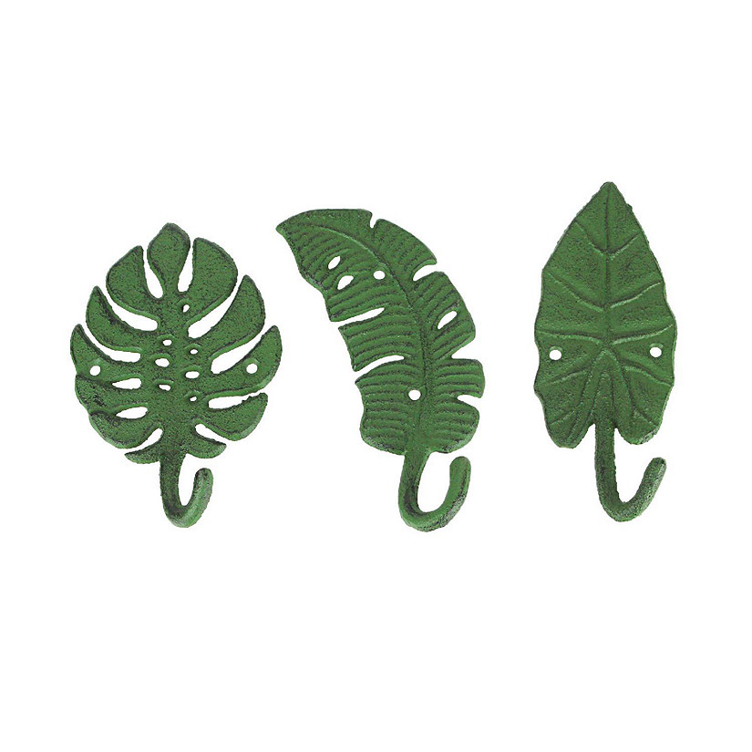 Zeckos Set of 3 Cast Iron Green Tropical Leaf Decorative Wall Hooks Towel Hanger Rack Image