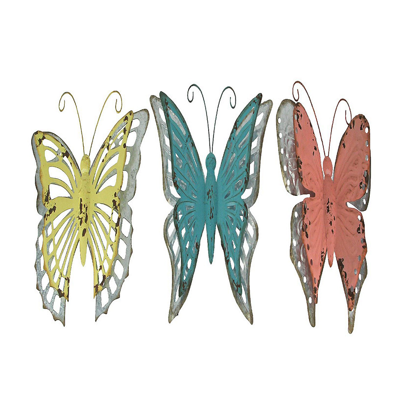 Zeckos Set of 3 Distressed Finish Metal Butterfly Wall Hangings Galvanized Zinc Accents Image