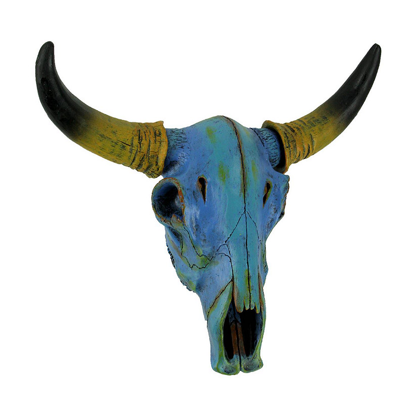 Zeckos Turquoise Blue Bull Skull Wall Sculpture - Southwestern Decor Accent - 13 Inches High - Resin Steer Head - Unique Tie-Dye Pattern - Eye-Catching Home Art Image